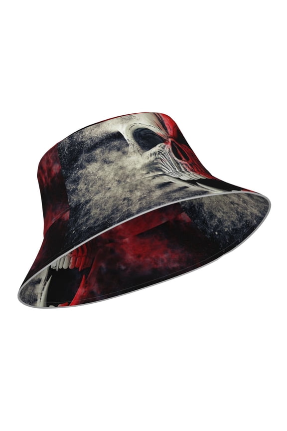 Reflective Bucket Hat - Red And White Screaming Demon Skull Print Bucket Hat for Men,Women