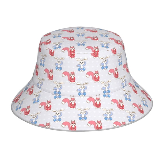 Kdxio Reflective Bucket Hat - Red Squirrel And Blue Rabbit Print Bucket Hat for Men,Women
