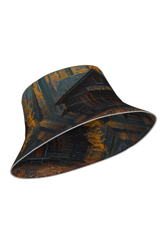 Reflective Bucket Hat - Rustic Cabin Autumn Forest Print Bucket Hat for Men,Women