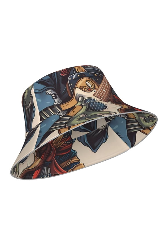 Reflective Bucket Hat - Samurai Frog Guitar Print Bucket Hat for Men,Women