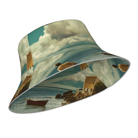 Kdxio Reflective Bucket Hat - Serene Coastal Blue Sky Print Bucket Hat for Men,Women