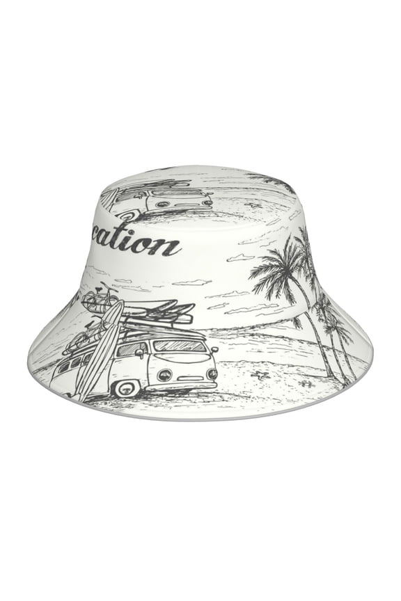 Reflective Bucket Hat - Summer Vacation Scene With Camping Van Print Bucket Hat for Men,Women