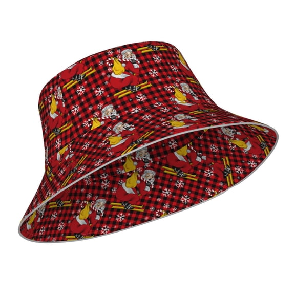 Kdxio Reflective Bucket Hat - Vintage Santa Skiing Red Plaid Print Bucket Hat for Men,Women