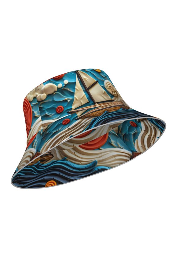 Reflective Bucket Hat - Whimsical Sailboat Ocean Art Print Bucket Hat for Men,Women