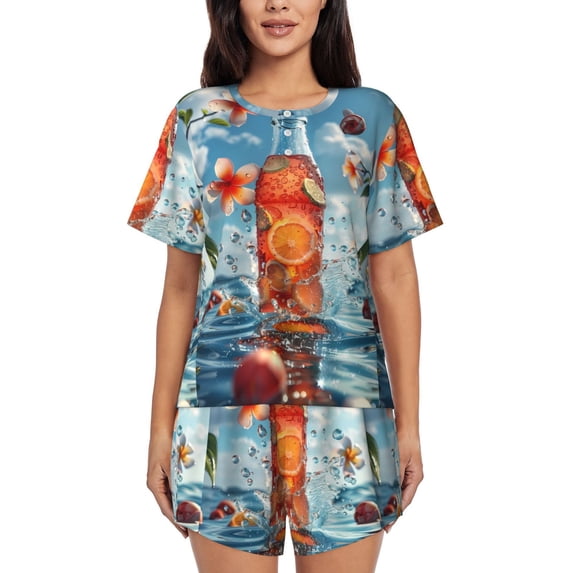 Kdxio Refreshing Citrus Splash Print Pajamas Sets for Women Short-Sleeved Pjs with Lounge Shorts Two Piece Sleepwear S-4XL