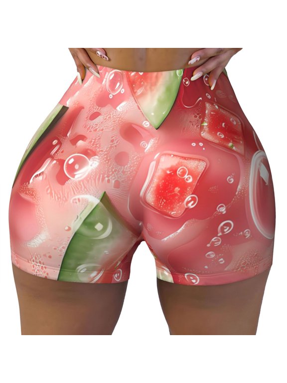 Refreshing Watermelon Slices Print Workout Shorts for Women Seamless Soft Smooth Gym Yoga Scrunch Active Shorts