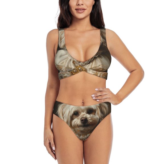Kdxio Regal Dog In Royal Attire Print Women's 2 Piece High Waisted Wrap Spaghetti Strap Summer Swimsuit Bikini Set-X-Large