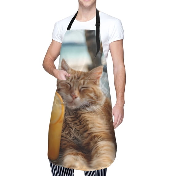 Kdxio Relaxing Cat With Orange Juice Apron with Pockets Adjustable Kitchen Aprons for Men Women Waterproof Aprons for Cooking,Drawing,Crafting, Baking Household Cleaning