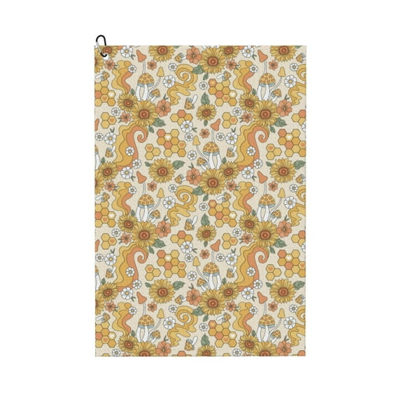 Kdxio Retro 70s 60s Flower Pattern Golf Towel (24" X 16") with Carabiner Clip - The Convenient Golf Cleaning Towel