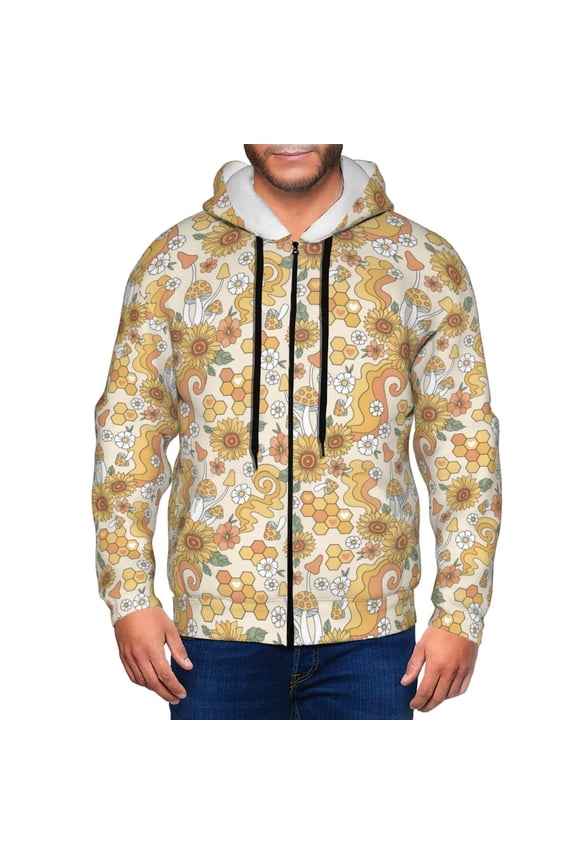 Retro 70s 60s Flower Print Men Hoodies Casual Hoodies for Men with Zip Pockets Full Zip Long Sleeve Sweatshirt Sports Hooded Jacket-Small