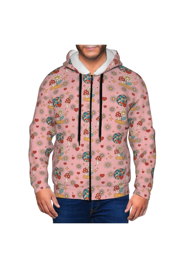 Retro 70s 60s Hippie Flower Print Men Hoodies Casual Hoodies for Men with Zip Pockets Full Zip Long Sleeve Sweatshirt Sports Hooded Jacket-Large