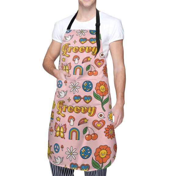 Kdxio Retro 70s Hippie Apron with Pockets Adjustable Kitchen Aprons for Men Women Waterproof Aprons for Cooking,Drawing,Crafting, Baking Household Cleaning