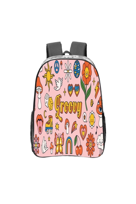 Retro 70s Hippie Clear Backpack, Transparent Bookbag for School for Women Men, Capacity Clear Bag for College, Travel