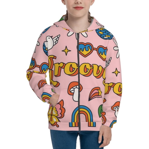 Kdxio Retro 70s Hippie Pattern Kids Boys Girls Zip Up Hoodie 3D Printed Hooded Sweatshirt Hoody Coat with Pocket 7-12 Y-Small