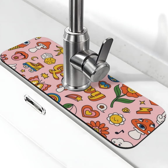 Kdxio Retro 70s Hippie Pattern Non-Slip Diatom Mud Faucet Drain Pad,Self Absorbent Mat for Kitchen Sink for Variety Kitchen & Bathroom Countertops