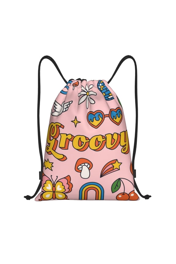 Retro 70s Hippie Print Drawstring Backpack Bag,Waterproof Draw String Back Sack, Gym Drawstring Bags Swim Bag For Unisex