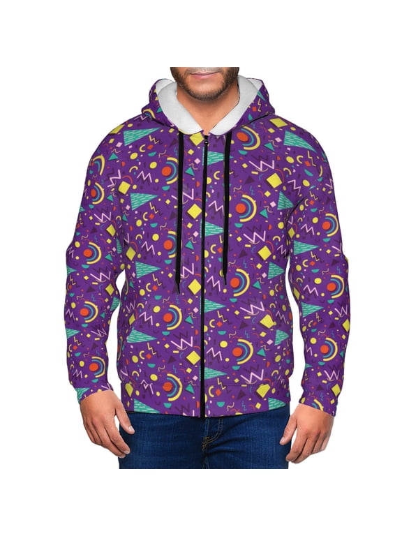 Retro 80s Style Print Men Hoodies Casual Hoodies for Men with Zip Pockets Full Zip Long Sleeve Sweatshirt Sports Hooded Jacket-3X-Large