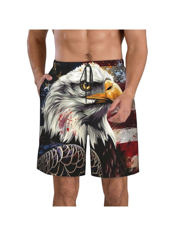 Retro American Eagle A Pattern Mens Casual Shorts - Drawstring Summer Beach Sports Shorts for Men