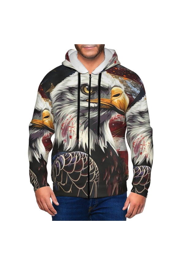 Retro American Eagle A Print Men Hoodies Casual Hoodies for Men with Zip Pockets Full Zip Long Sleeve Sweatshirt Sports Hooded Jacket-X-Large
