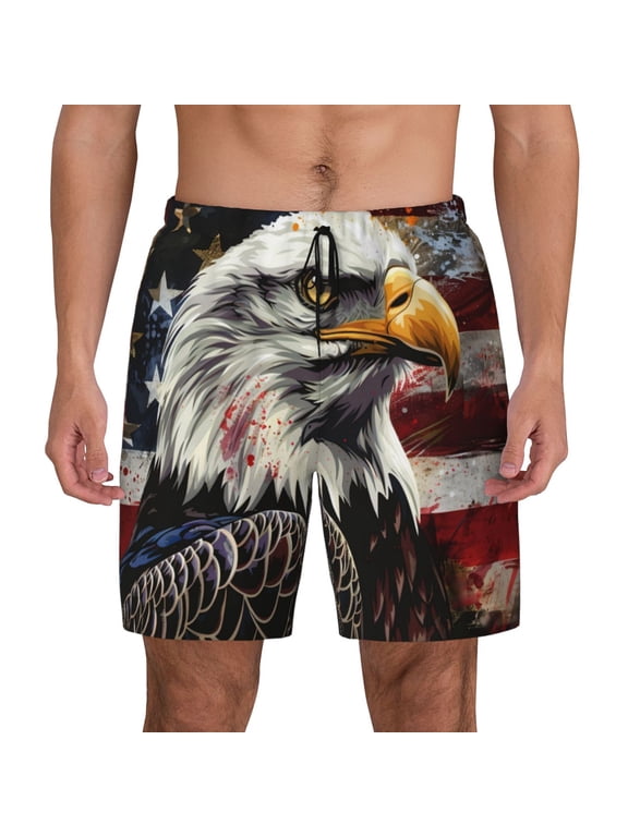 Retro American Eagle A Print Men's Swim Trunks with Compression Liner 7 Inch Inseam Quick Dry Swim Shorts
