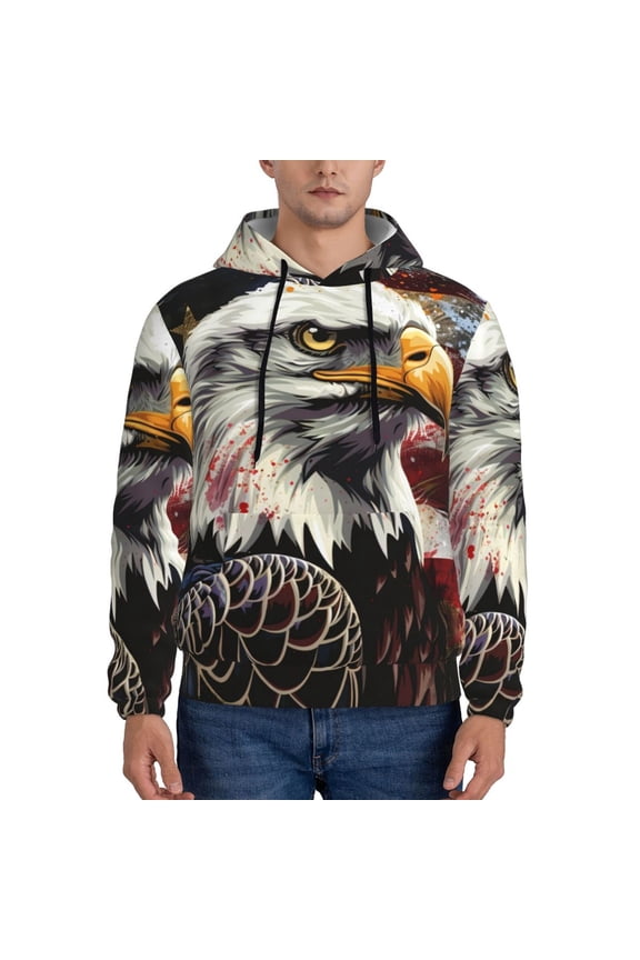 Retro American Eagle A Print Mens Casual Hooded Collar Drawstring Hoodies Pullover Sweatshirts Casual Long Sleeve Shirts-Large