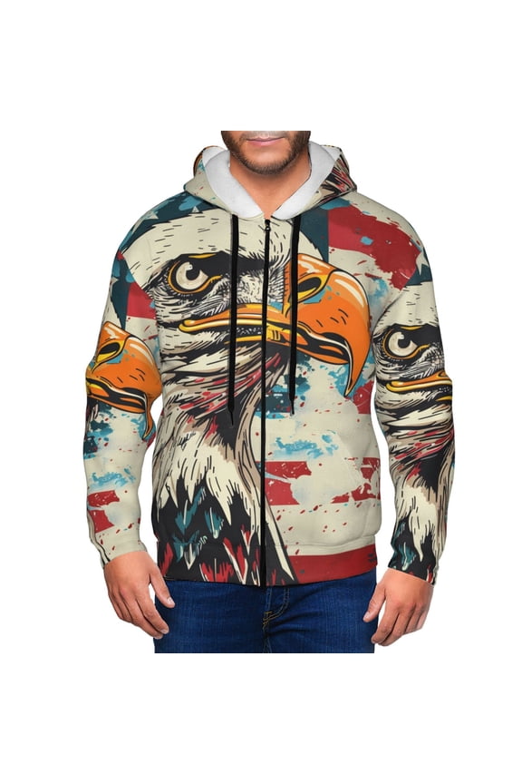 Retro American Eagle Print Men Hoodies Casual Hoodies for Men with Zip Pockets Full Zip Long Sleeve Sweatshirt Sports Hooded Jacket-X-Large