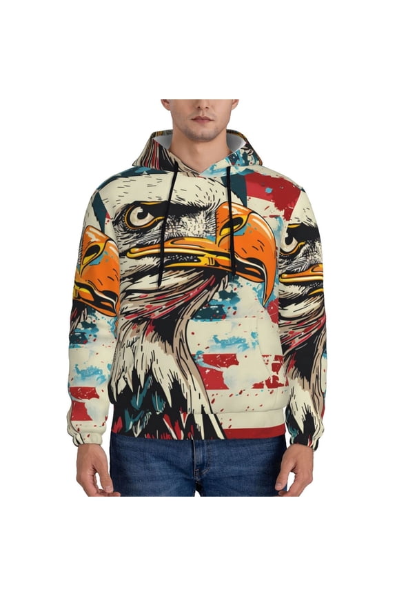 Retro American Eagle Print Mens Casual Hooded Collar Drawstring Hoodies Pullover Sweatshirts Casual Long Sleeve Shirts-X-Large