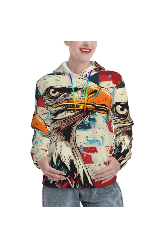 Retro American Eagle Print Womens Oversized Hoodies Sweatshirts Hooded Pullover Tops Sweaters Casual-Large