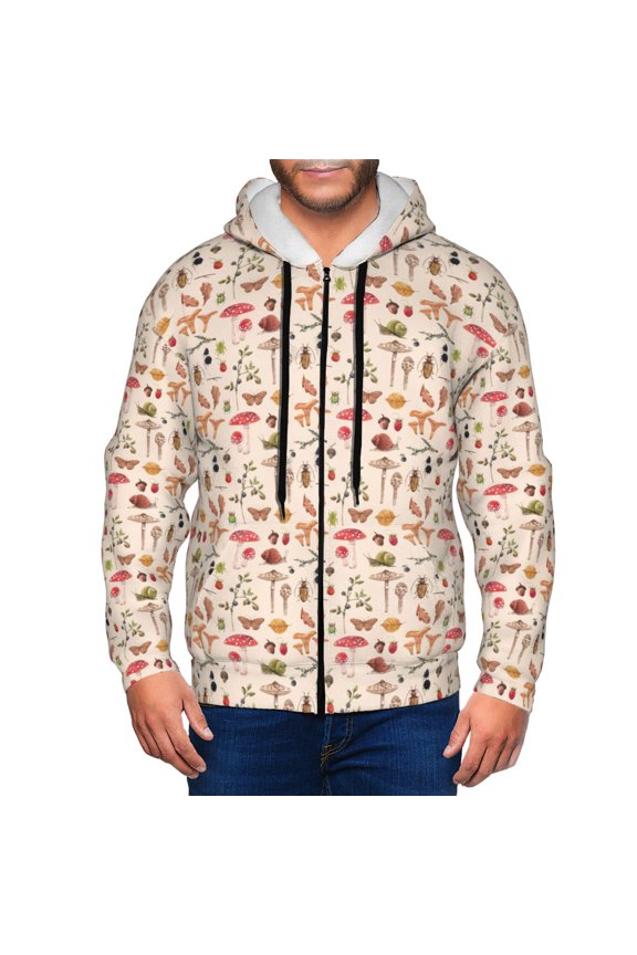 Retro Autum Mushrooms Print Men Hoodies Casual Hoodies for Men with Zip Pockets Full Zip Long Sleeve Sweatshirt Sports Hooded Jacket-Small