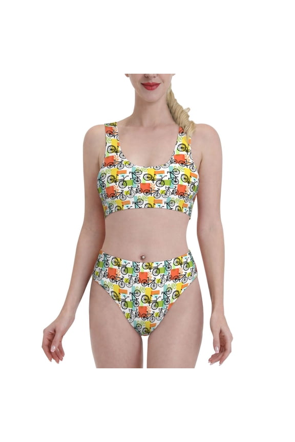 Retro Bike for Womens High Waisted Bikini Top Sports Style Two Piece Bathing Suits