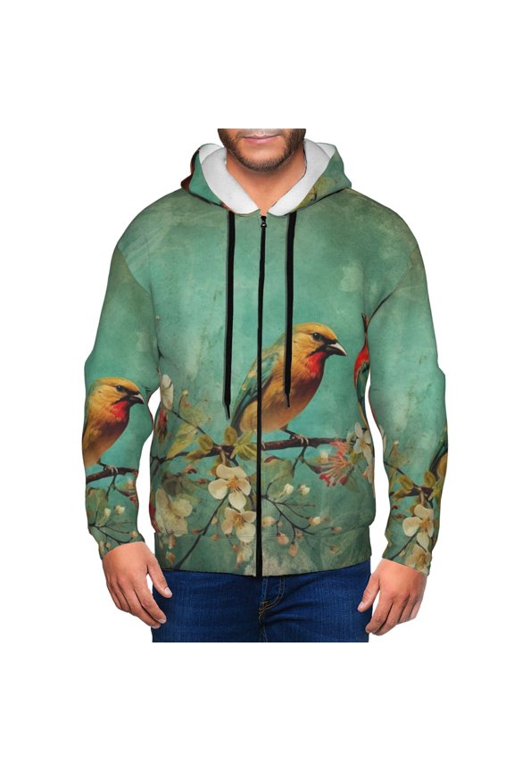 Retro Birds Print Men Hoodies Casual Hoodies for Men with Zip Pockets Full Zip Long Sleeve Sweatshirt Sports Hooded Jacket-Medium