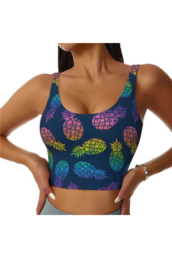 Retro Bright Pineapple Print Workout Crop Tank Top for Women Racerback Yoga Tank Tops Athletic Sports Shirts Exercise Undershirts