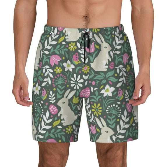 Kdxio Retro Bunny Floral Print Men's Swim Trunks with Compression Liner 7 Inch Inseam Quick Dry Swim Shorts