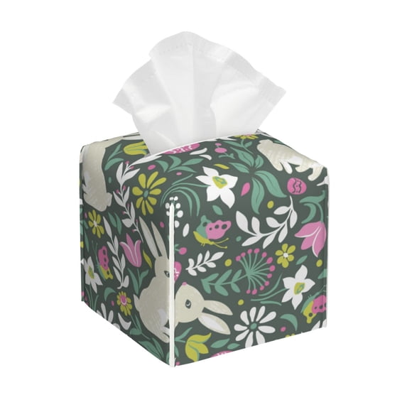 Kdxio Retro Bunny Floral Print Tissue Box Cover,Square Decorative PU Leather Facial Paper Case Organizer Holder Dispenser for Bathroom,Night Stands,Desk,Car 5.2''X5.2''X5.2''