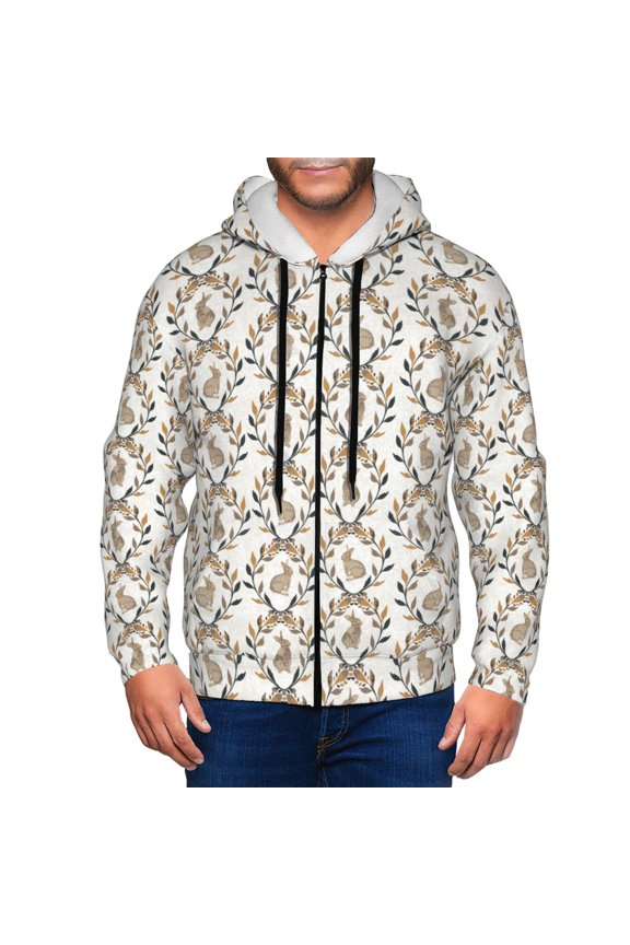 Retro Bunny Print Men Hoodies Casual Hoodies for Men with Zip Pockets Full Zip Long Sleeve Sweatshirt Sports Hooded Jacket-Medium