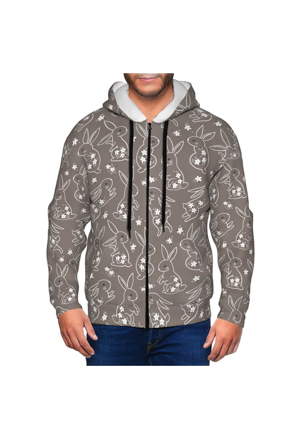 Retro Bunny Print Men Hoodies Casual Hoodies for Men with Zip Pockets Full Zip Long Sleeve Sweatshirt Sports Hooded Jacket-Small