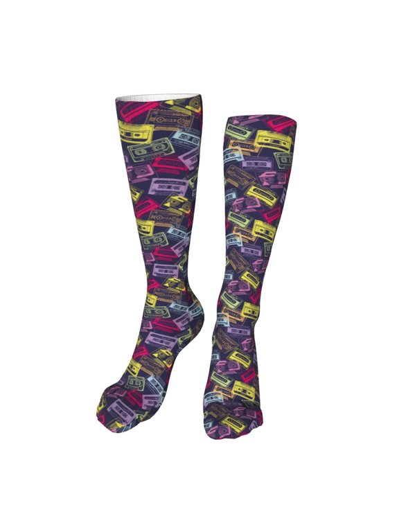 Retro Cassette Music Funny Silky Novelty Funky Long Knee High Socks Soft 3D Print Cosplay Crazy Stockings for Men Women