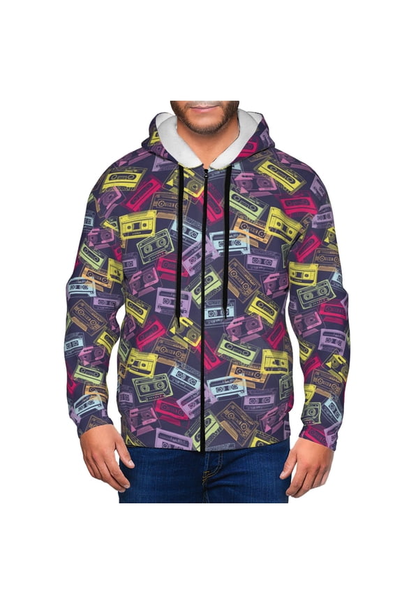 Retro Cassette Music Print Men Hoodies Casual Hoodies for Men with Zip Pockets Full Zip Long Sleeve Sweatshirt Sports Hooded Jacket-Small