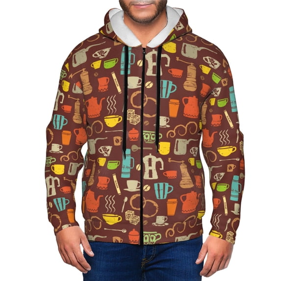 Kdxio Retro Coffee Print Men Hoodies Casual Hoodies for Men with Zip Pockets Full Zip Long Sleeve Sweatshirt Sports Hooded Jacket-Large