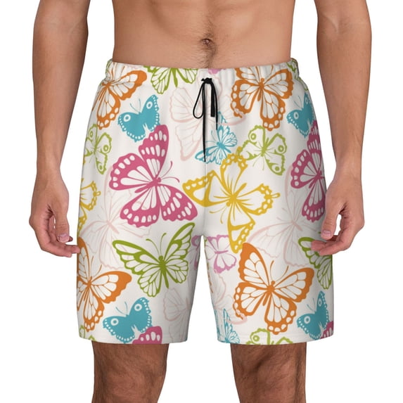 Kdxio Retro Colorful Butterfly Print Men's Swim Trunks with Compression Liner 7 Inch Inseam Quick Dry Swim Shorts