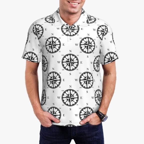 Kdxio Retro Compass Print Men's Short Sleeve Polo Shirt,Midweight Men's Shirt