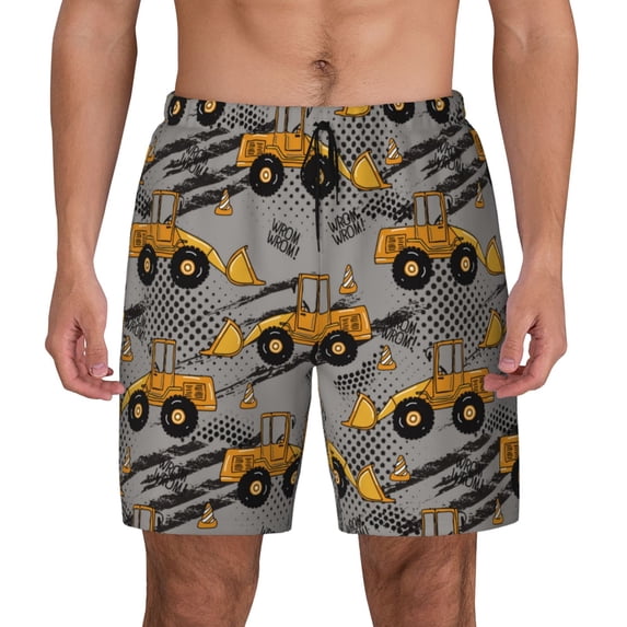 Kdxio Retro Excavator Print Men's Swim Trunks with Compression Liner 7 Inch Inseam Quick Dry Swim Shorts