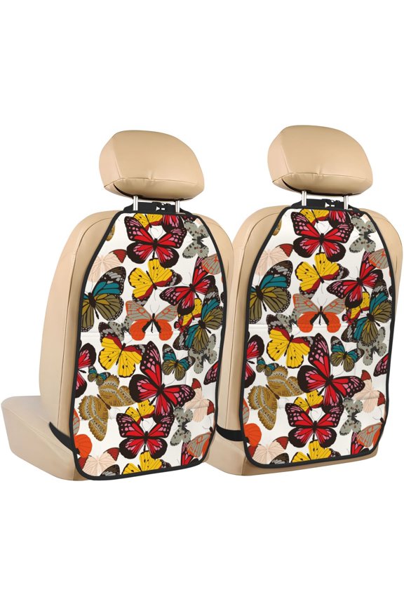 Retro Floral Butterfly Print 2 Pack Car Kick Mat Seat Cover Back Protector Mat with Pockets for Organizer Backseat Protector and Storage Anti Kick Pad for Vehicles