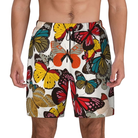 Kdxio Retro Floral Butterfly Print Men'S Swim Trunks With Compression Liner 7 Inch Inseam Quick Dry Swim Shorts