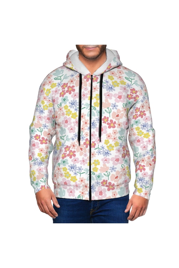Retro Floral Print Men Hoodies Casual Hoodies for Men with Zip Pockets Full Zip Long Sleeve Sweatshirt Sports Hooded Jacket-XX-Large