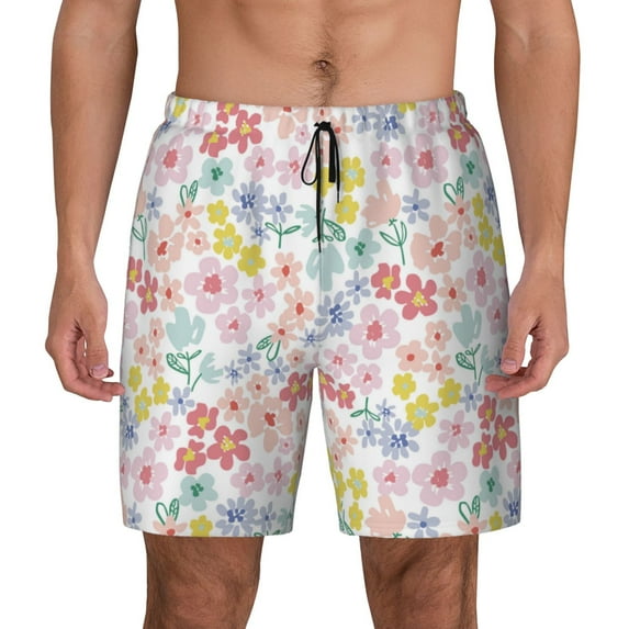 Kdxio Retro Floral Print Men's Swim Trunks with Compression Liner 7 Inch Inseam Quick Dry Swim Shorts