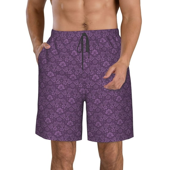 Kdxio Retro Florals Purple Pattern Mens Casual Shorts - Drawstring Summer Beach Sports Shorts for Men