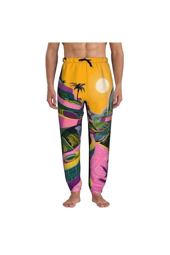 Retro Futuristic Landscape Pattern Joggers,Sweatpants for Men with Pockets-Small