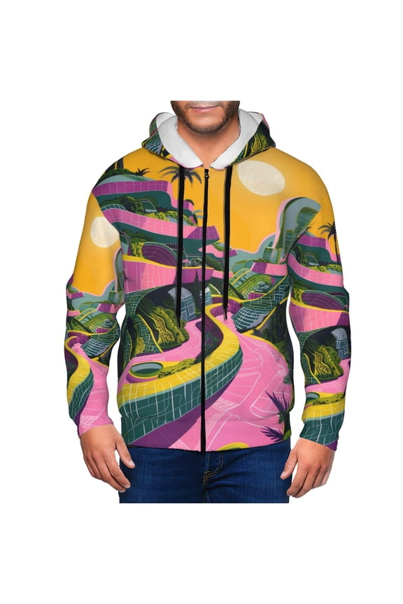 Retro Futuristic Landscape Print Men Hoodies Casual Hoodies for Men with Zip Pockets Full Zip Long Sleeve Sweatshirt Sports Hooded Jacket-Medium