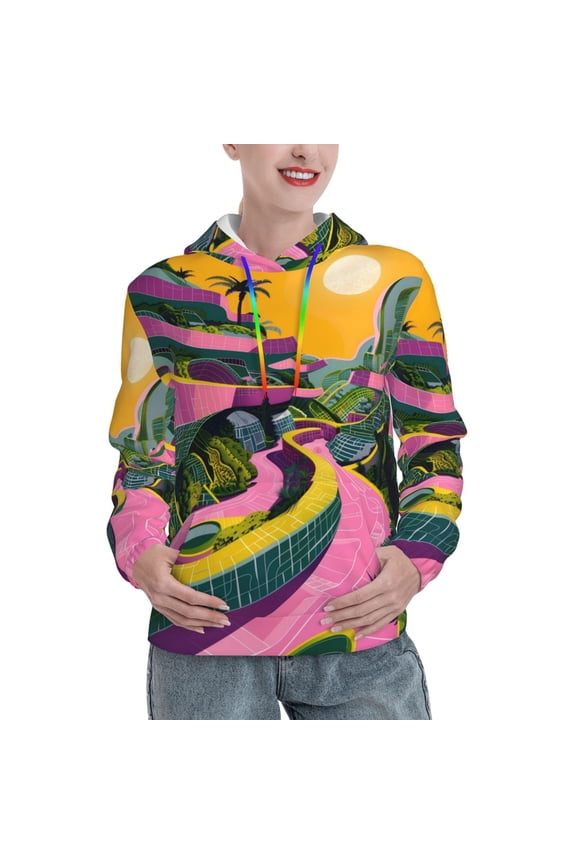 Retro Futuristic Landscape Print Womens Oversized Hoodies Sweatshirts Hooded Pullover Tops Sweaters Casual-Medium